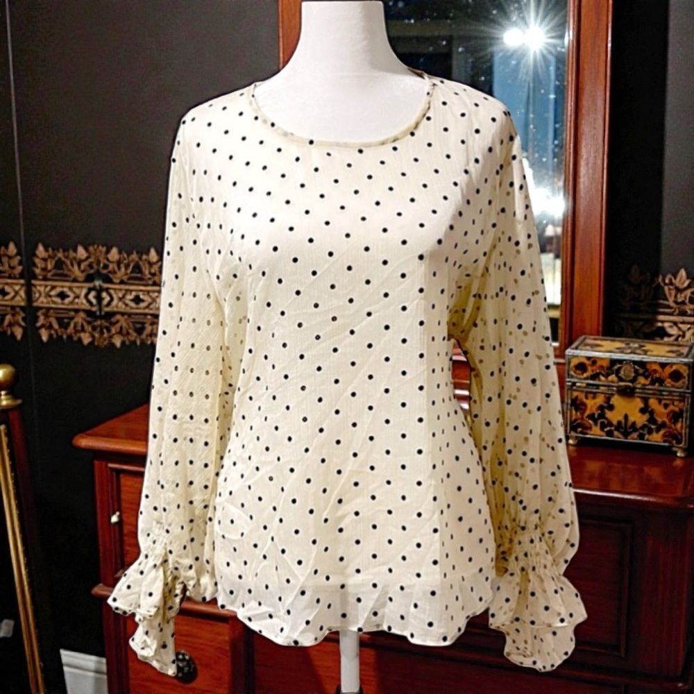 Sans Souci Cream Black Polka Dot Ruffled Blouse Balloon Long Sleeve Sz L